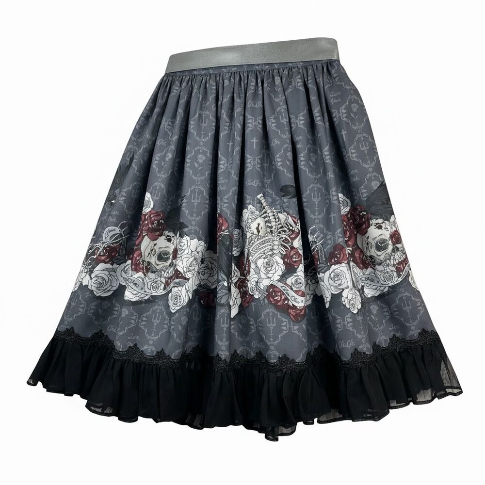 Cha Cha Black Gray Skull Rose Print Skirt Large Lace Trim Punk Gothic A-Line